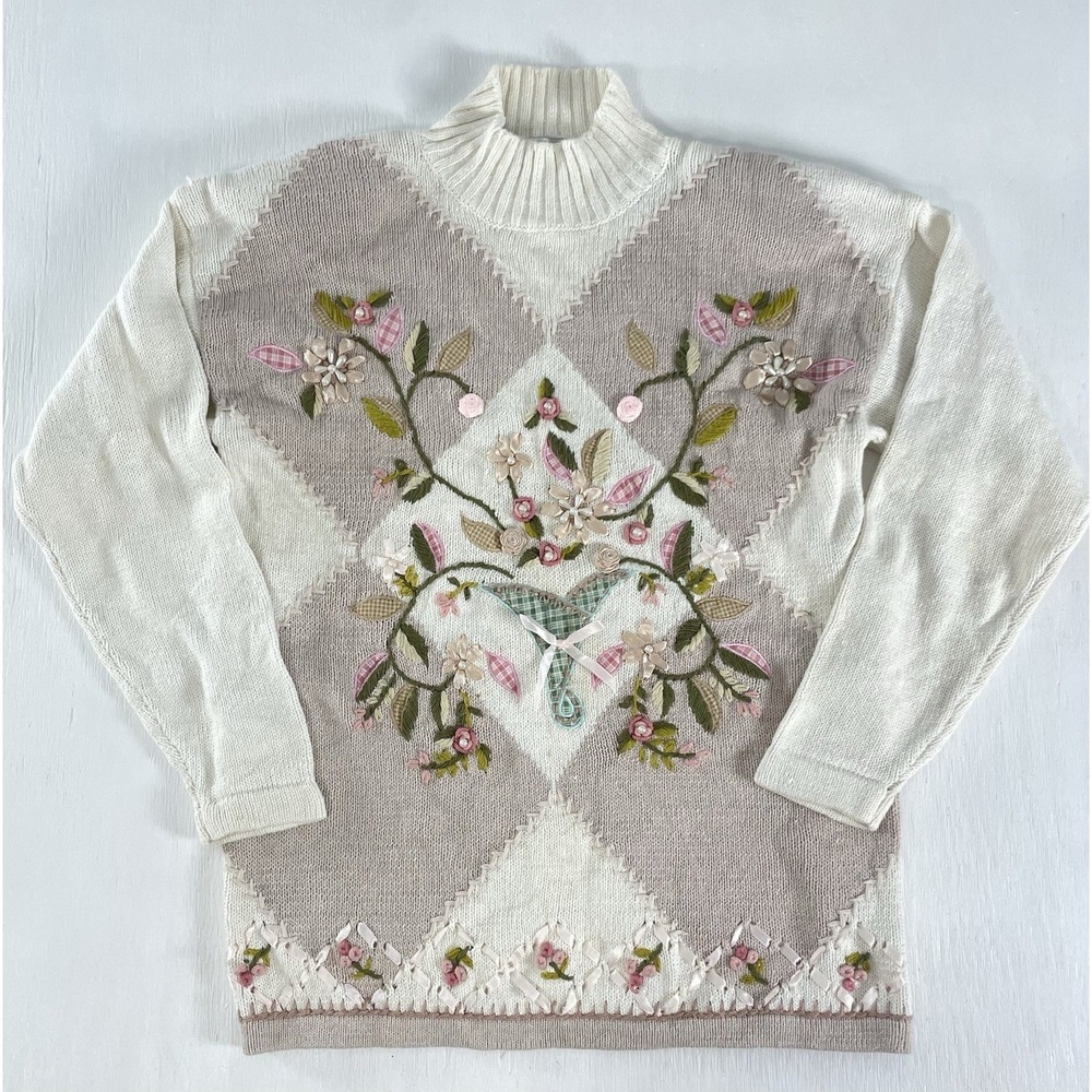 Vintage Mockneck Grandma Sweater B.p. Design Cottagecore Size M Bows Embroidered